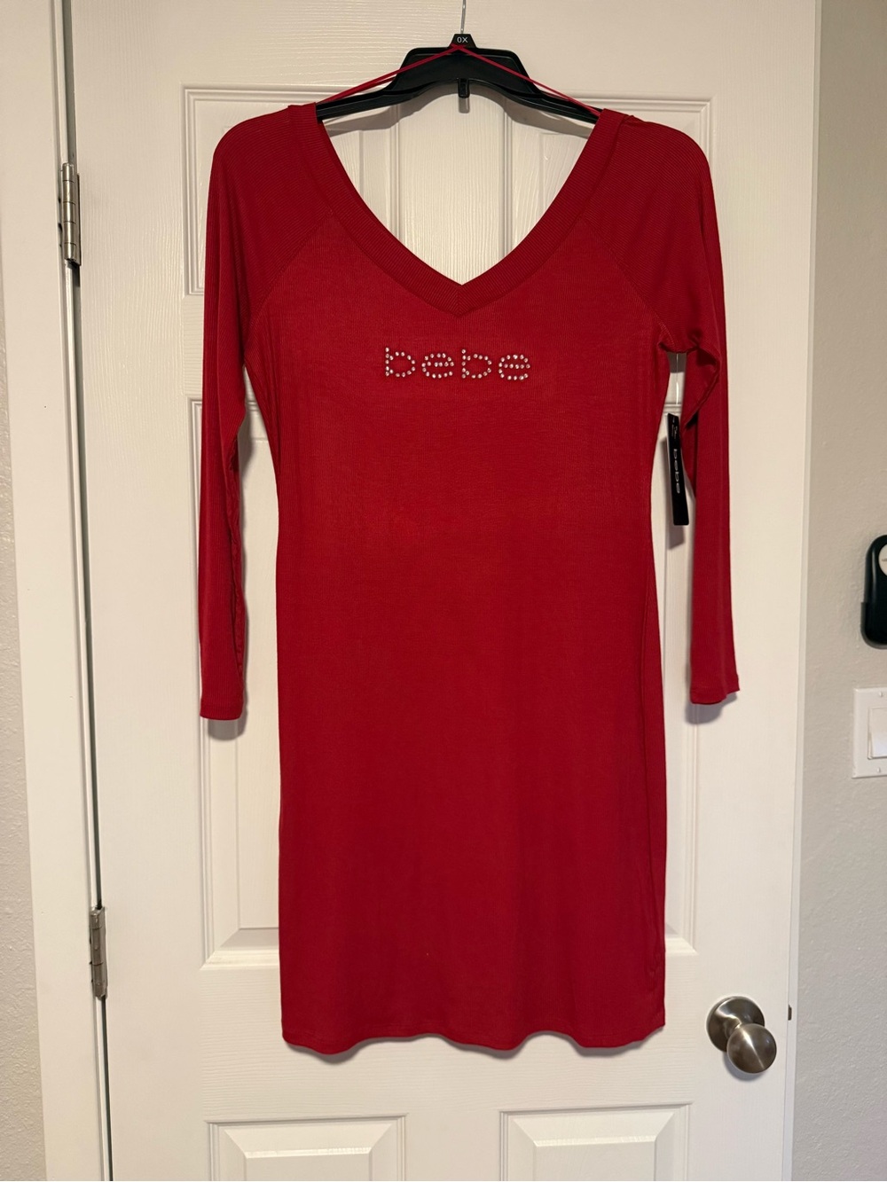 bebe Red V-Neck Long Sleeve Rhinestone Logo Dress